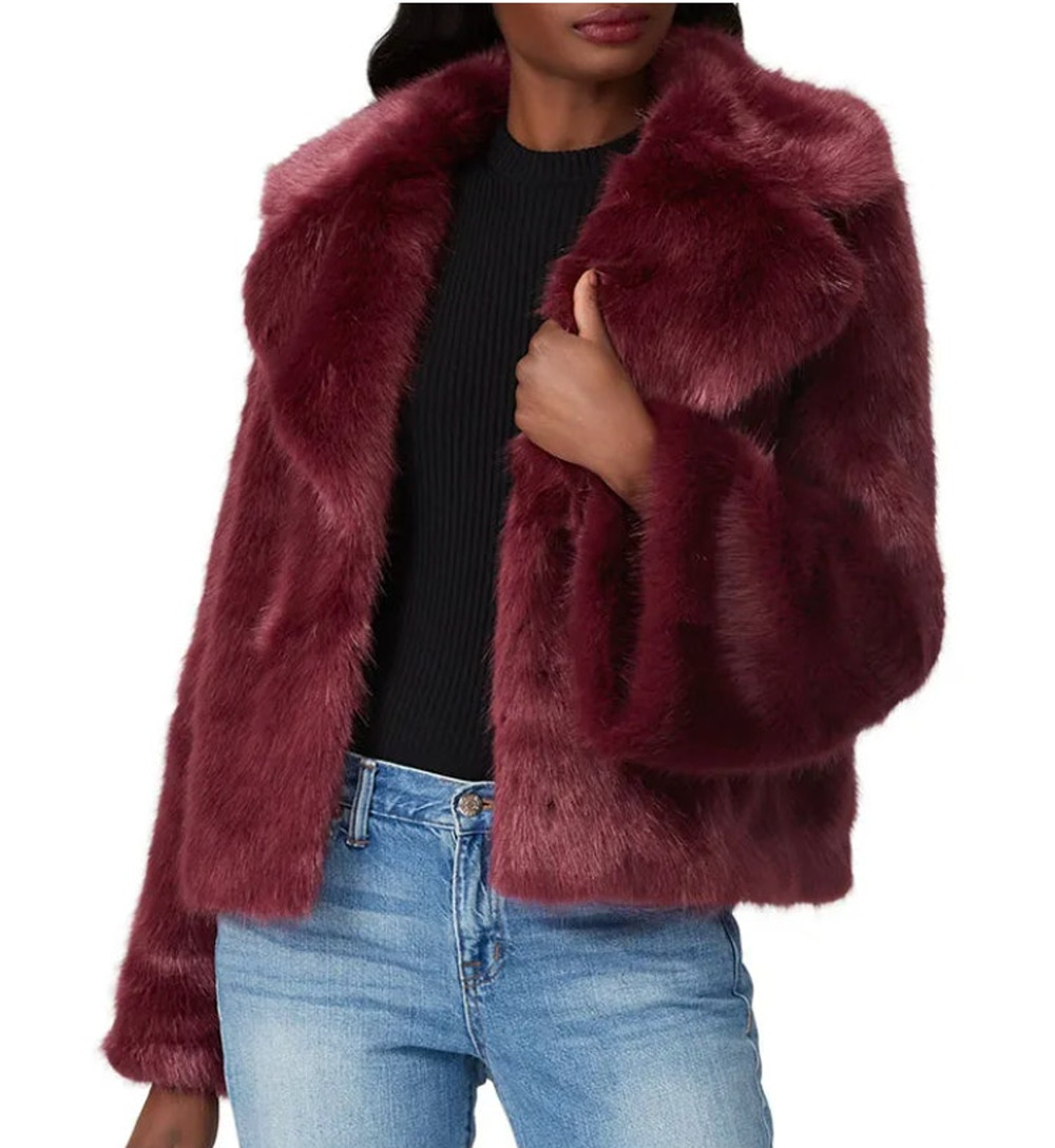 Unreal Fur Burgundy Faux Fur Jacket LARGE Formal Glam Teddy Coat Designer $339